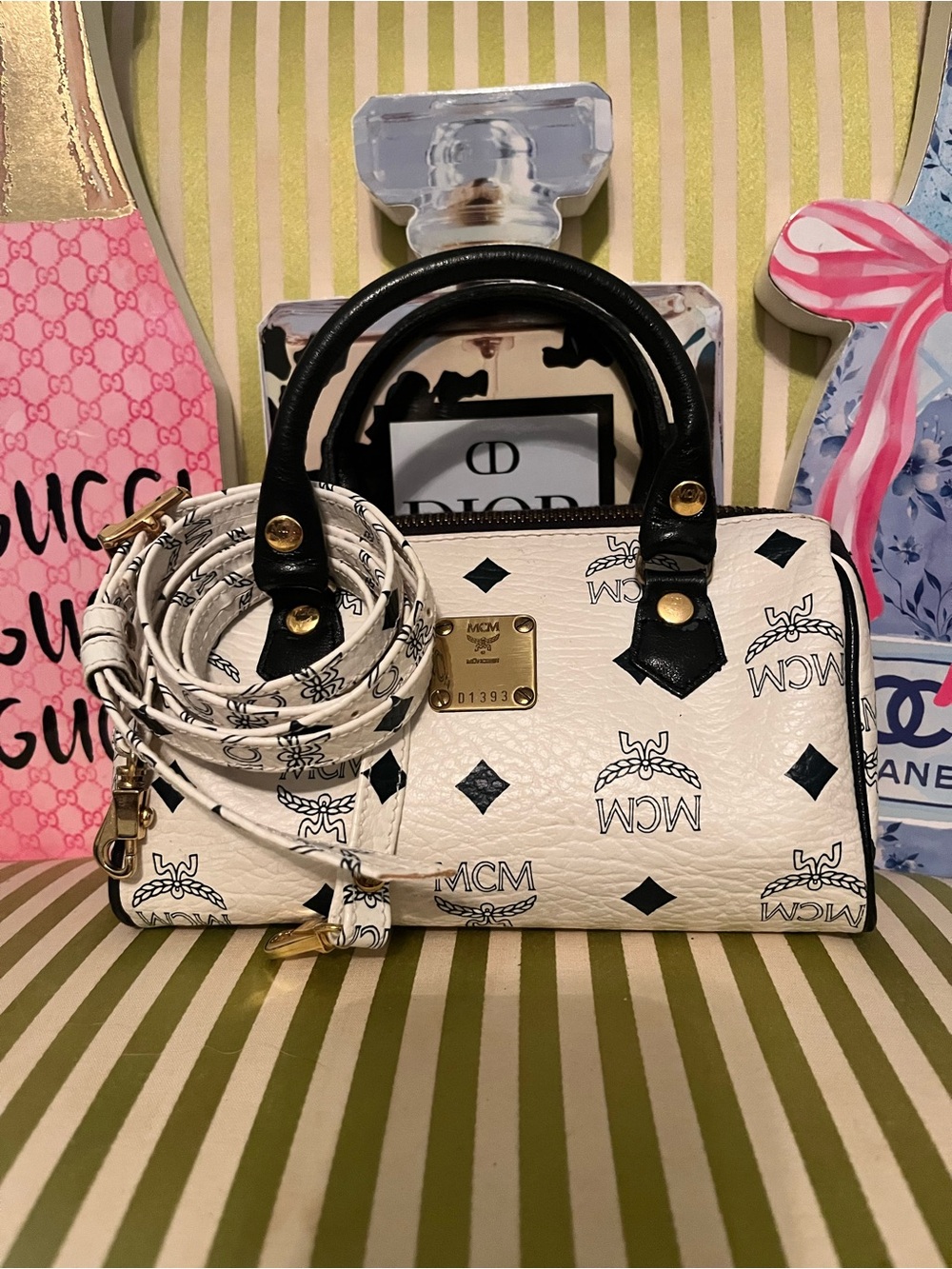 MCM Mini White and Black Visetos Logo Satchel with Strap